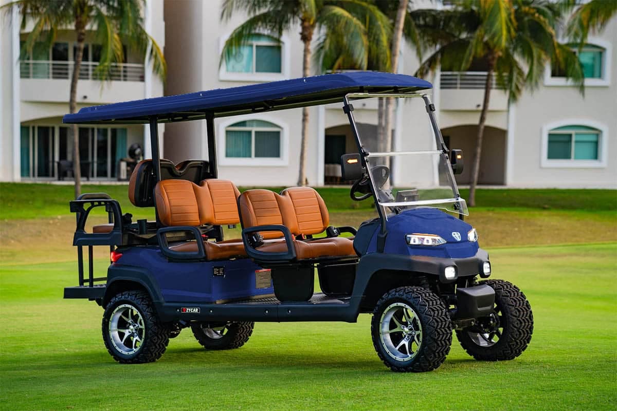 Zycar Z6 azul de 6 pasajeros en campo de golf, vista lateral