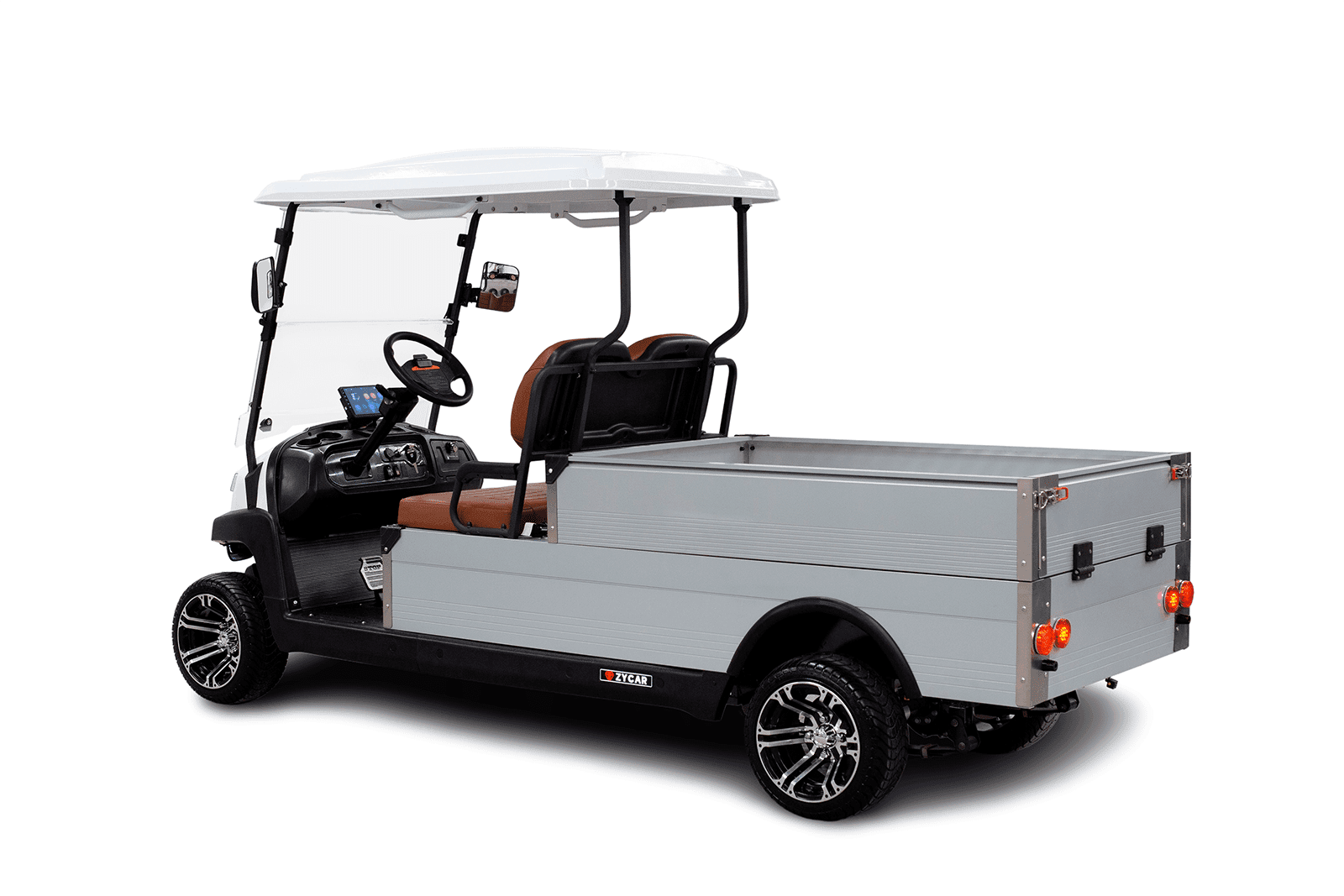 Zycar PICK UP utilitario blanco con caja de carga, vista posterior lateral